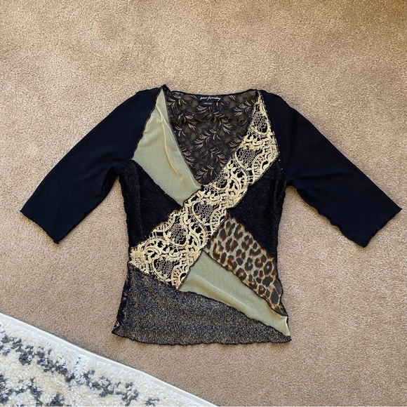 Ann Ferriday Y2K Lace Black Leopard Patchwork Top Whimsigoth Fairygoth Witchy - Picture 2 of 6